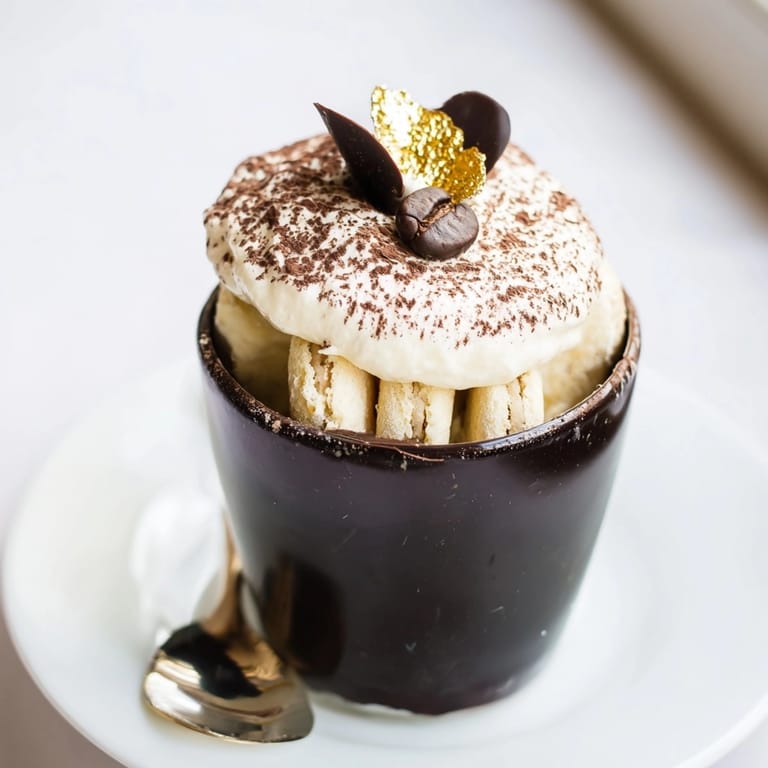 Homemade Tiramisu cup revealed: dark chocolate exterior, delicate ladyfingers soaked in coffee, creamy mascarpone filling.