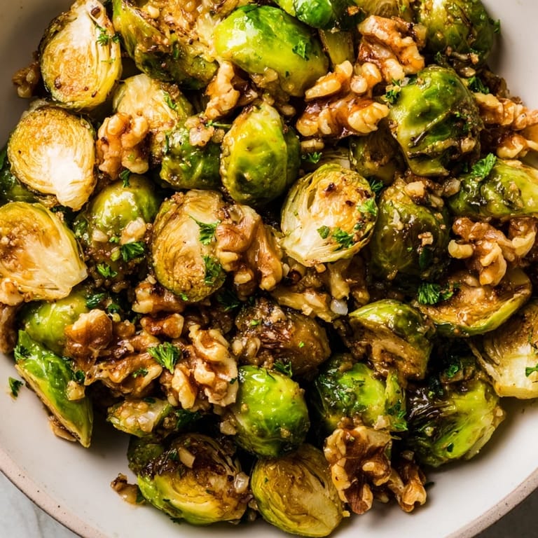 Crispy roasted Brussels sprouts coated in a sweet maple glaze and walnuts.  