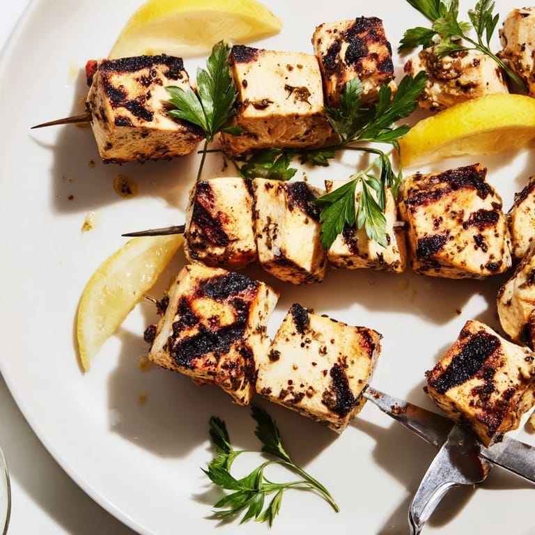 Juicy chicken skewers marinated in honey and lavender, garnished with herbs for flavor.