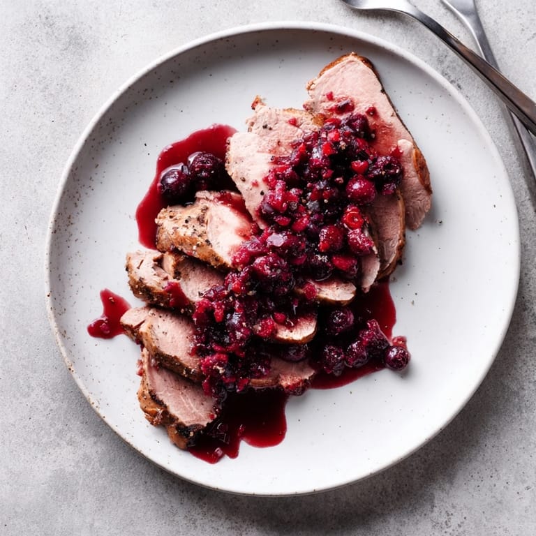 Golden-brown Cider Brined Turkey Breast accompanied by a vibrant cranberry glaze, ideal for family dinners.  