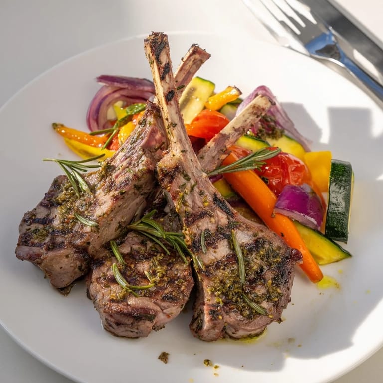 Sizzling grilled lamb chops infused with lemon and herbs, nestled beside colorful roasted veggies.  