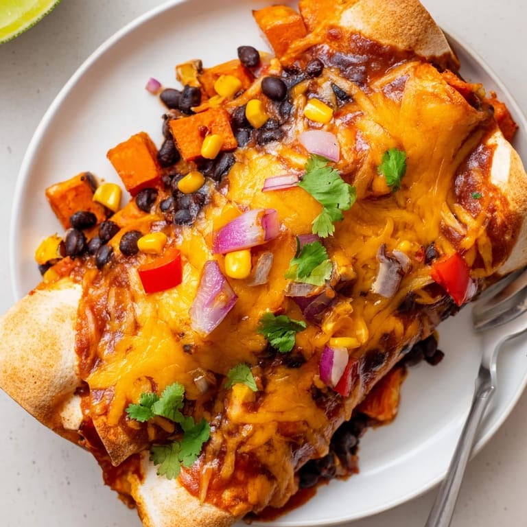 Colorful plate of Spicy Black Bean & Sweet Potato Enchiladas served with lime wedges.  