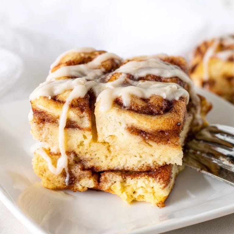 Warm cinnamon roll pancake bake with a luscious cream cheese topping, inviting bites.  