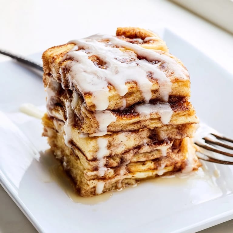 Fluffy cinnamon roll pancake bake oozing with cinnamon goodness and sweet frosting.