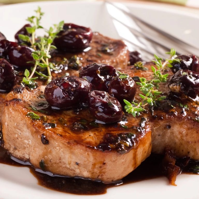 Sear pork chops in a skillet, then coat with delicious cherry balsamic glaze.