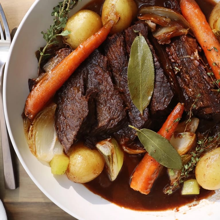 Hearty beer-braised brisket surrounded by vibrant root vegetables on a cozy table.  