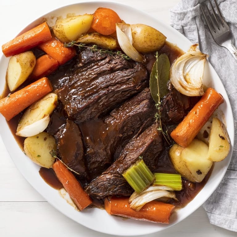 Slow-cooked beer-braised brisket garnished with flavorful root veggies, perfect for gatherings.