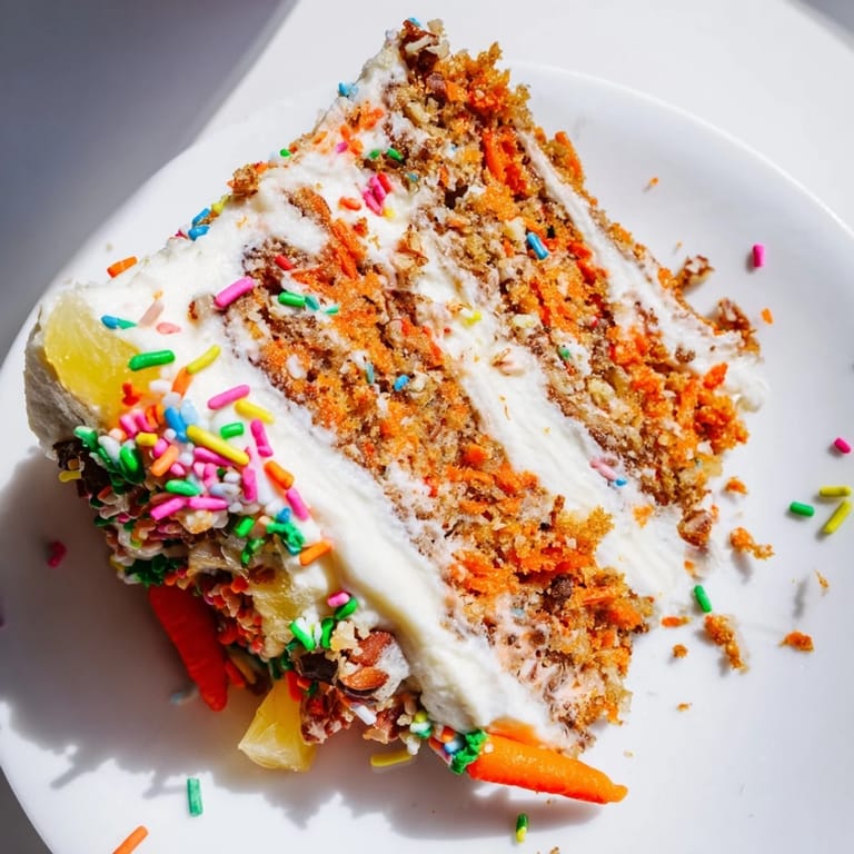A slice of Silly Carrot Cake, piled high with colorful cream cheese frosting and sprinkles.