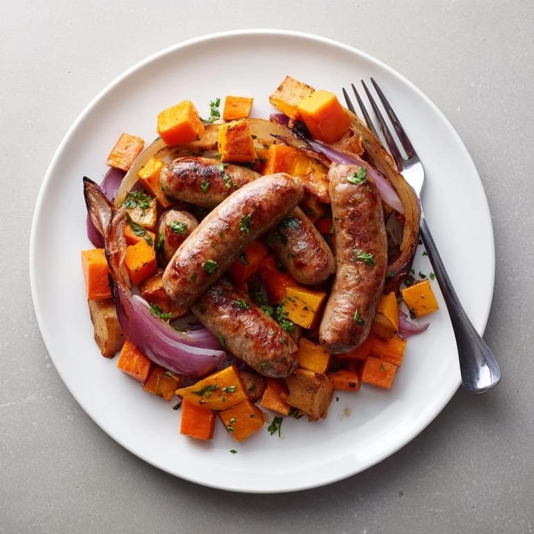 Vibrant Sheet Pan Roasted Sausage, Squash & Root Vegetables with caramelized veggies and savory Italian sausage.