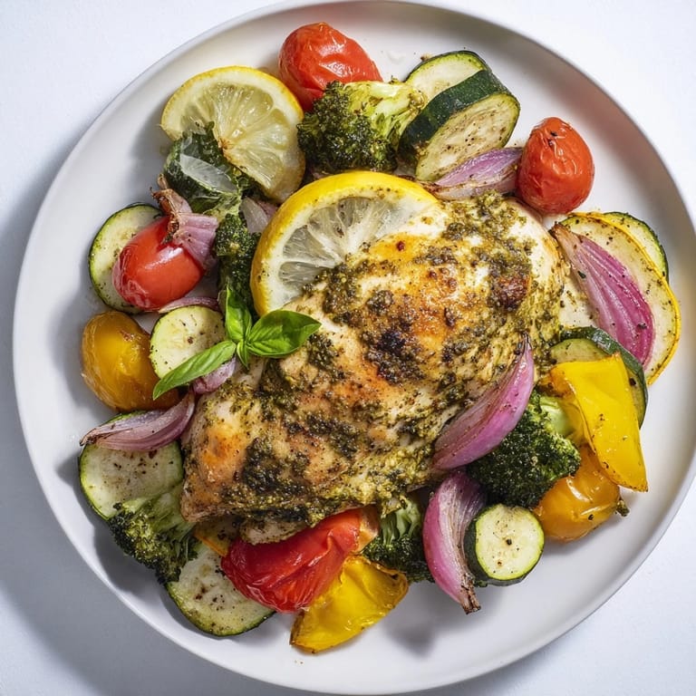 Golden-brown Quick Lemon Pesto Chicken with tender vegetables, ready for a flavorful dinner.