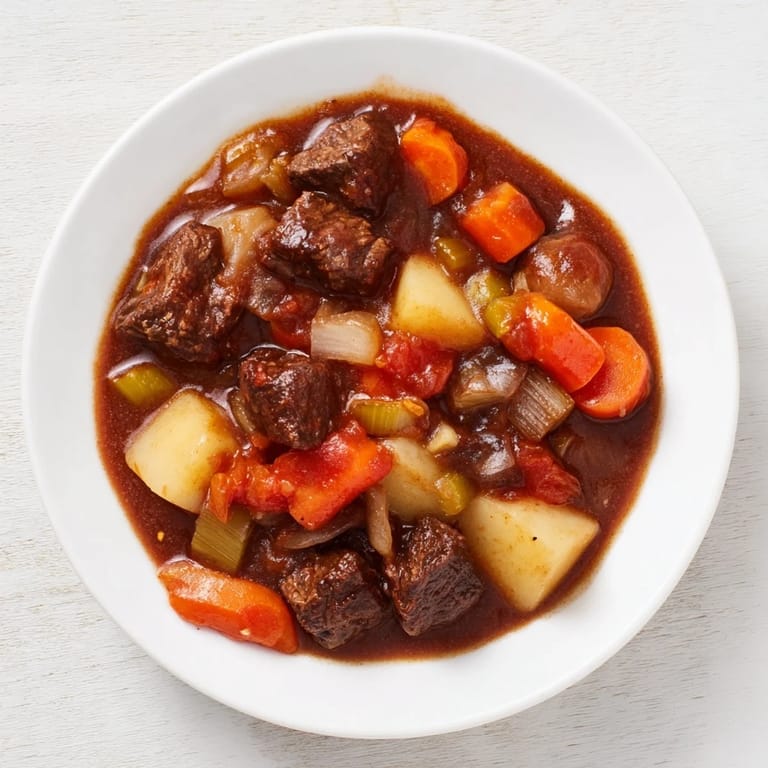 Rustic serving of hearty Comfort Crockpot Beef Stew: a comforting, home-cooked meal full of flavor.