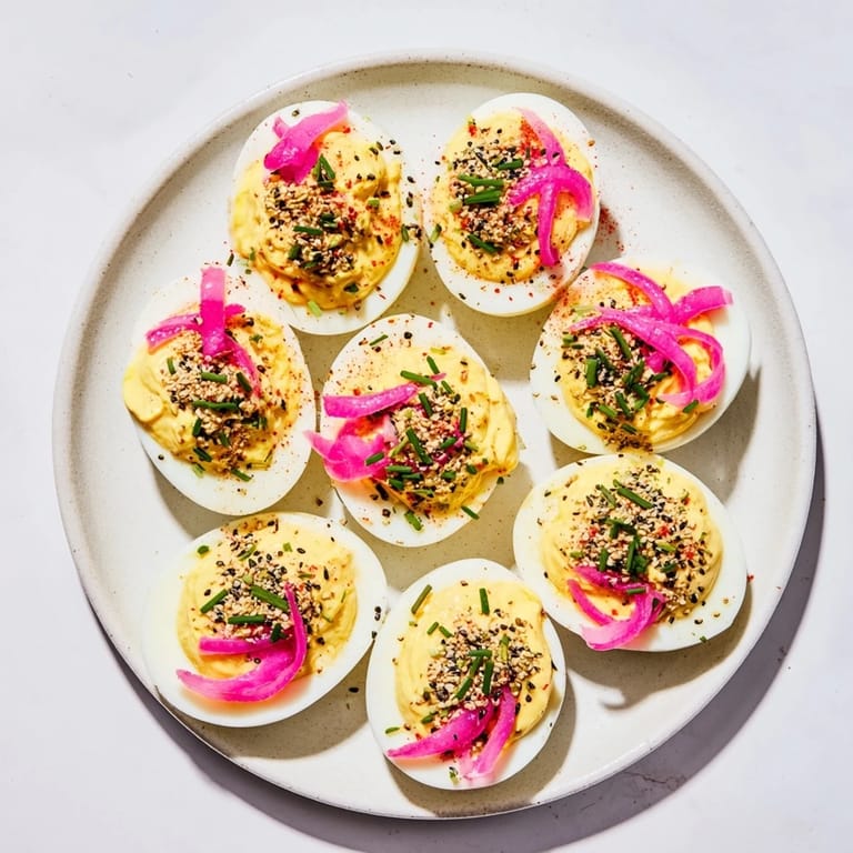 Savory everything bagel seasoning tops these fresh Everything-Spiced Deviled Eggs, an easy and flavorful party snack.