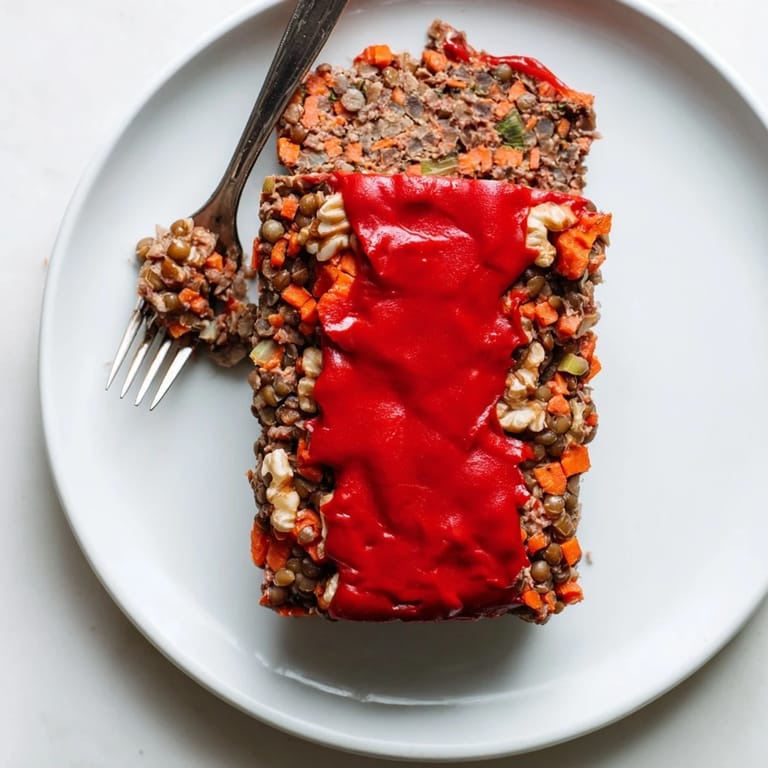 Close-up of Festive Lentil Loaf showcasing its moist texture and shiny, flavorful red pepper glaze.