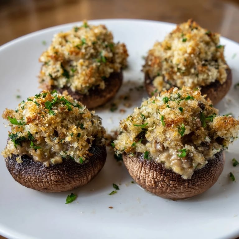 A close-up view of richly filled Air Fryer Holiday Stuffed Mushrooms, ready to enjoy with a holiday meal.