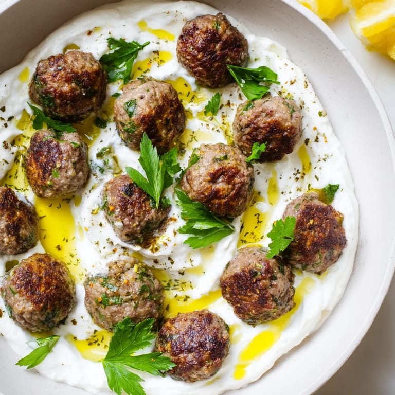Perfectly cooked garlic herb lamb meatballs with a bright zaatar yogurt, ready to be enjoyed.