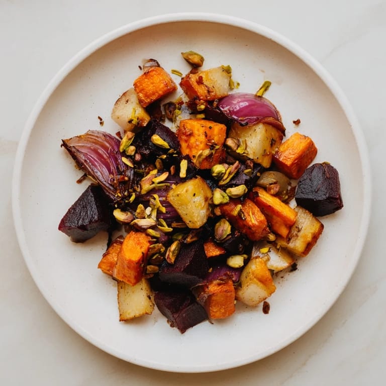 Roasted and glistening, these Balsamic Glazed Root Vegetables show a colorful array with a pistachio crunch.