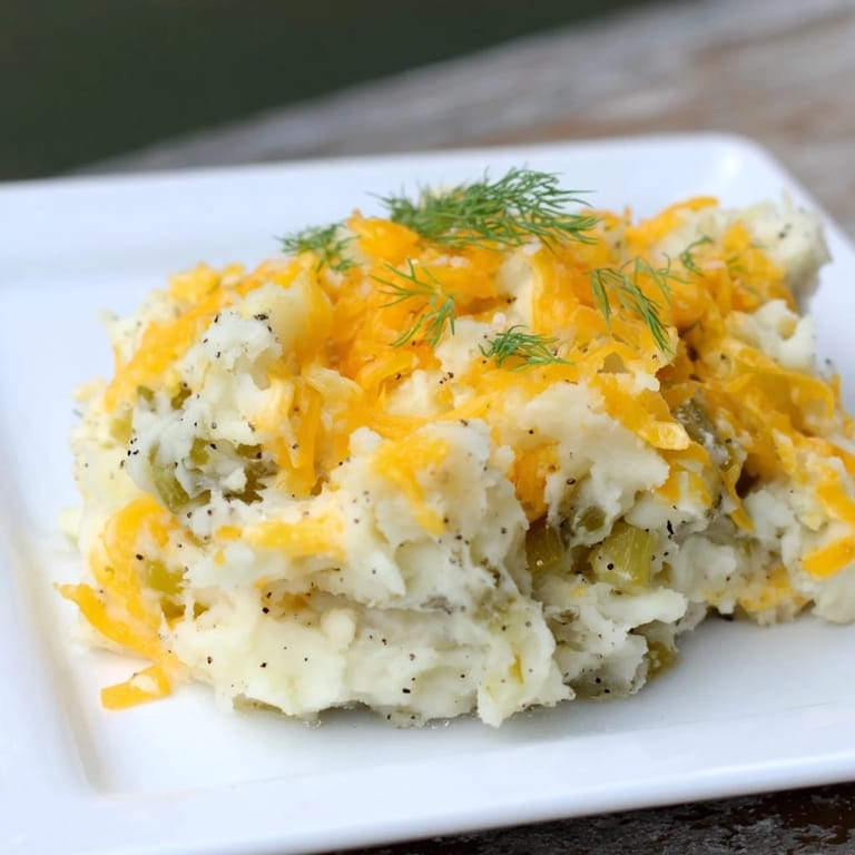 This savory Dill Pickle Mashed Potato Bake features a golden, cheesy topping and fluffy potatoes.