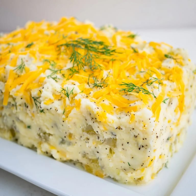 Creamy Dill Pickle Mashed Potato Bake, studded with pickles, ready to serve alongside dinner.