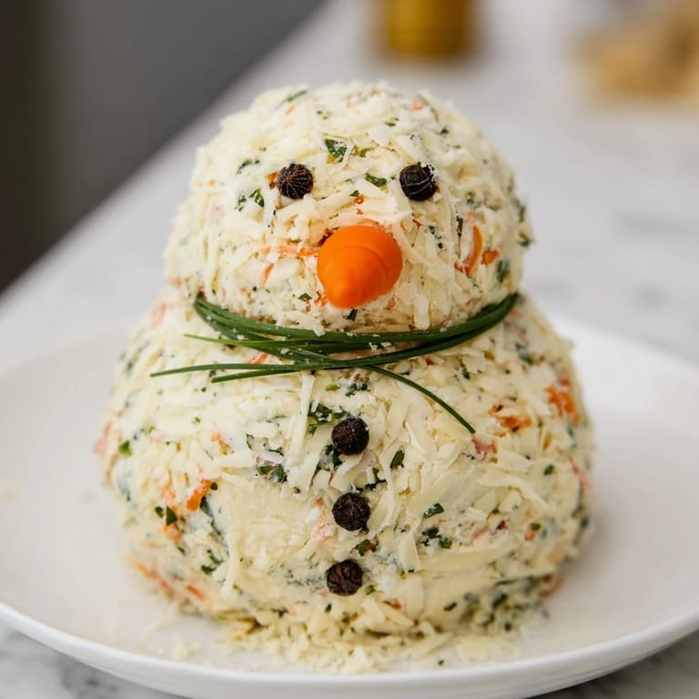 Creamy Savory Herb Cheeseball Snowmen, rolled in coconut and nuts, are fun and delicious with colorful veggies.