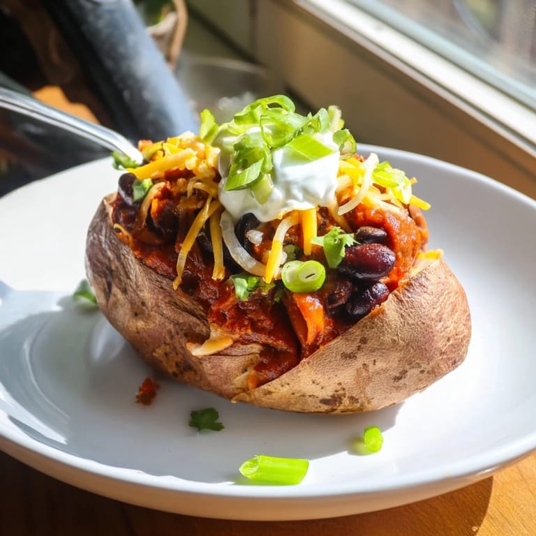 Perfectly baked chili-style baked potatoes overflowing with savory chili and tempting toppings, a delicious dinner.