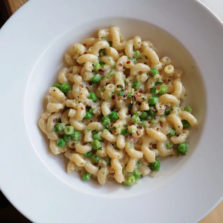 Close-up of golden Macaroni & Peas, with a sprinkle of Parmesan, and fresh green peas.