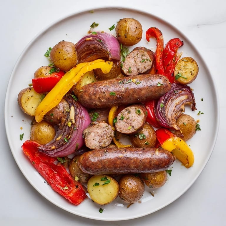 Delicious Italian Sheet-Pan Sausage, a complete meal that bursts with flavor and colorful roasted vegetables.
