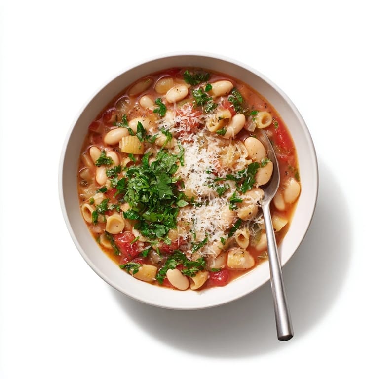 Hearty Italian Pasta e Fagioli Soup with visible pasta shapes and a rich, tomato-based broth looks delicious.