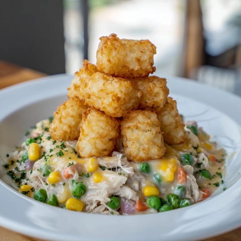 Warm, comforting Tater Tot Chicken Pot Pie, featuring a delightful chicken and veggie interior and crispy tots.