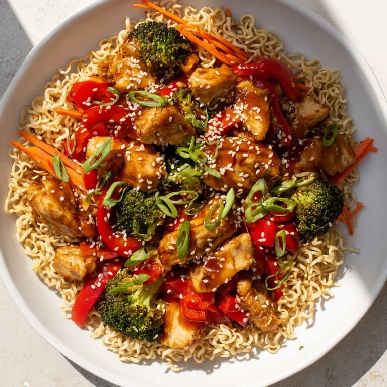 The colorful sheet-pan crispy ramen showcases mixed vegetables, chicken, and delightfully crispy, flavorful noodles.