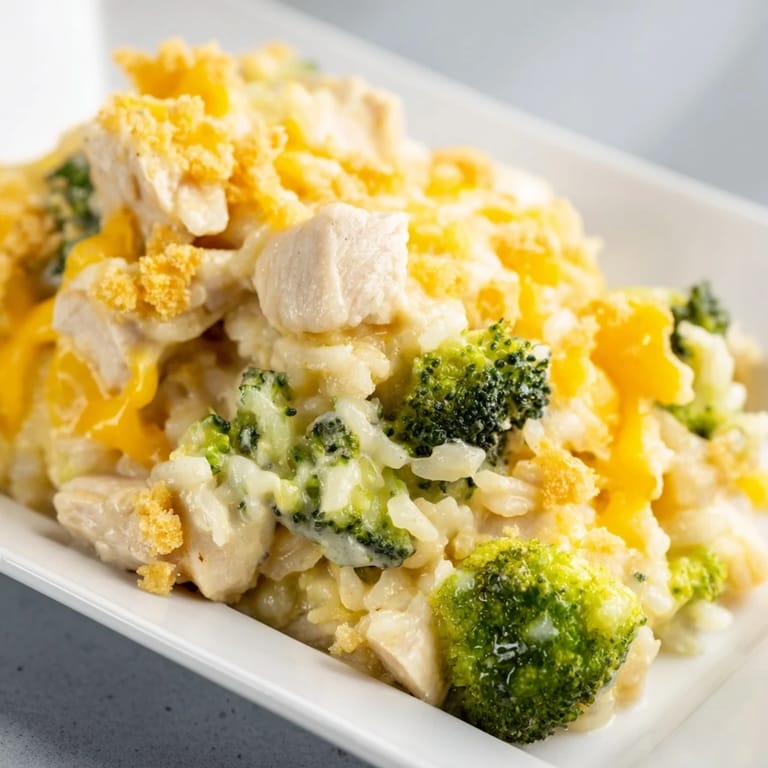 A close-up of a creamy Chicken & Broccoli Rice Casserole with melted cheese, perfect for dinner.