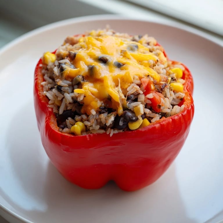 Melted cheese bubbling on top of baked Stuffed Bell Peppers, featuring a colorful mix of ingredients.