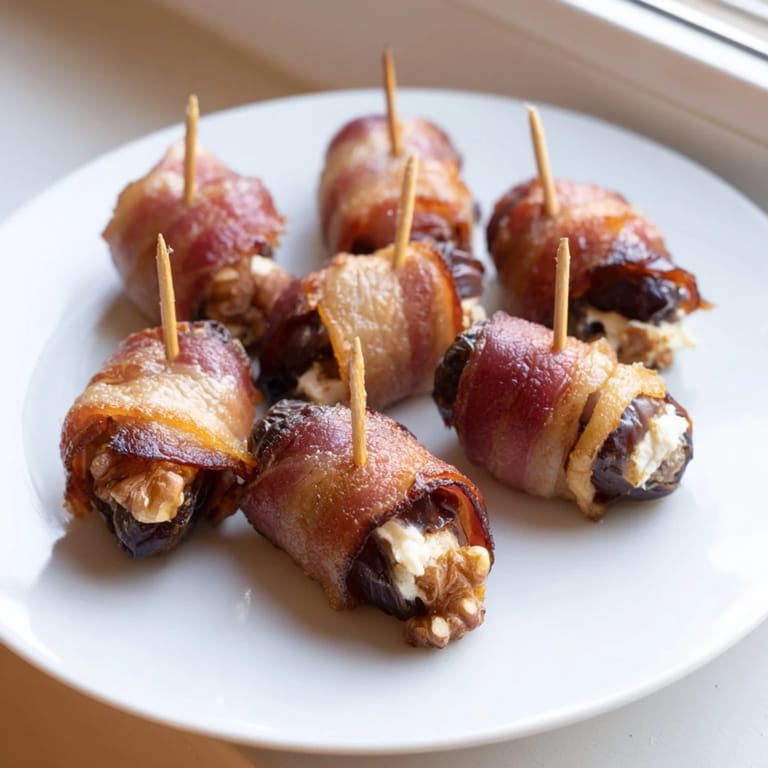 Close-up of baked Bacon Wrapped Dates, a savory appetizer with a perfect bacon crisp.