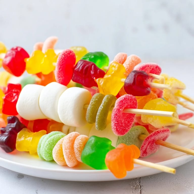 Sweet Gummy Candy Kabobs arranged on a platter ready to serve; imagine a rainbow of delicious candies.