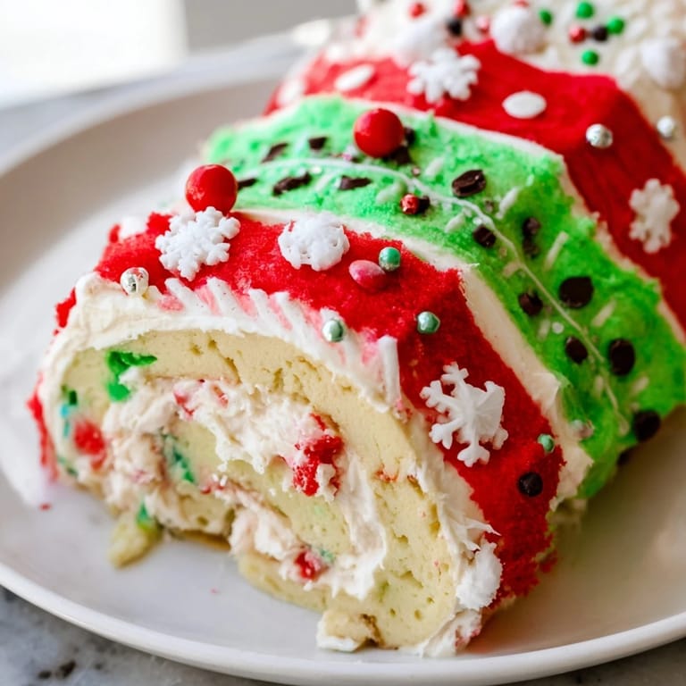 Delicious Ugly Sweater Cake Roll, a whimsical dessert with red and green frosting, perfect for any holiday party.
