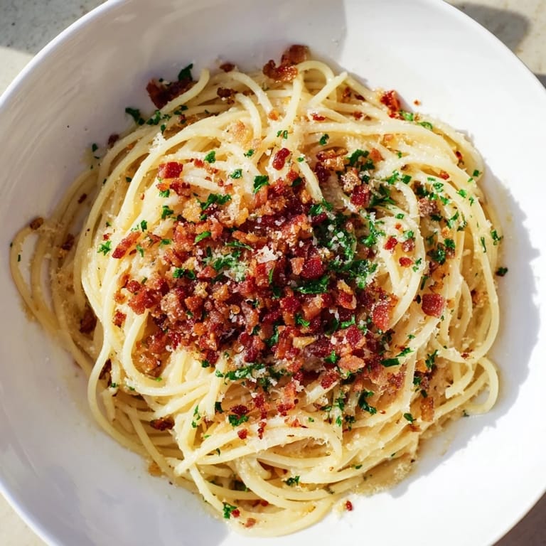 This image features a vibrant bowl of Garlic Butter Pasta with crispy bacon, perfect for a comforting dinner.
