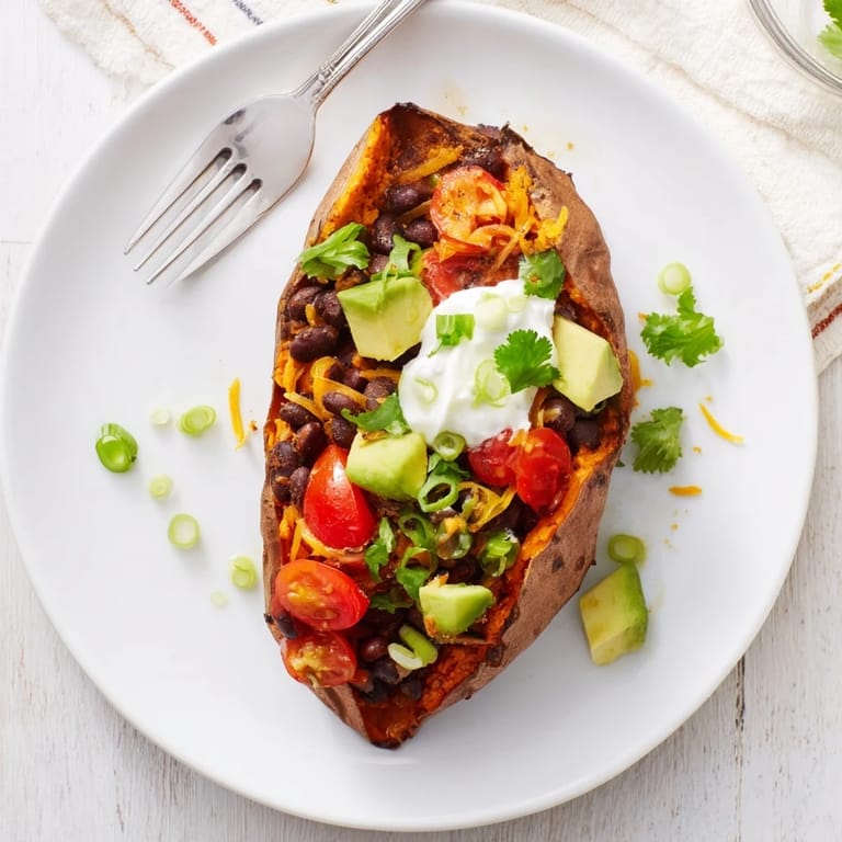Tender baked Loaded Baked Sweet Potatoes piled high with black beans, avocado, and fresh cilantro, a vibrant vegetarian plate.