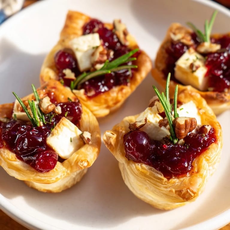 These easy Quick Cranberry Brie Bites boast melted Brie and sweet cranberry atop crispy pastry.