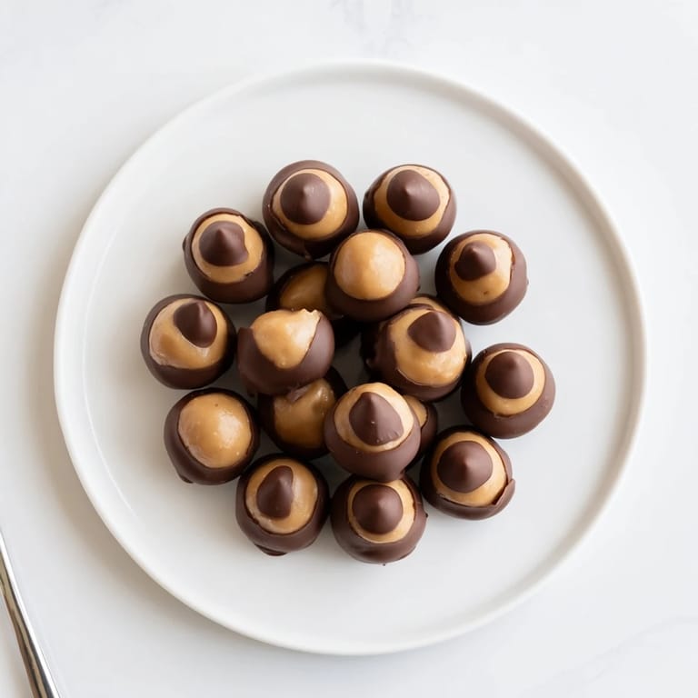 Plate piled high with decadent Peanut Butter Buckeyes; a classic, homemade American dessert!