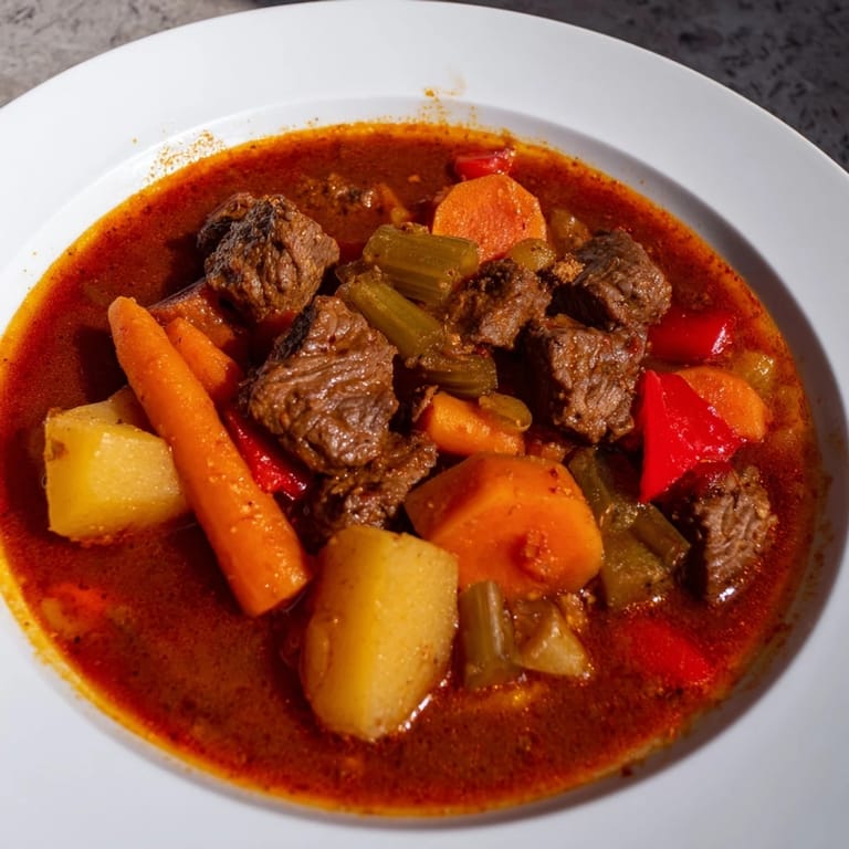 This close-up showcases a rich Smoked Paprika & Garlic Beef Stew, ready to serve with crusty bread.
