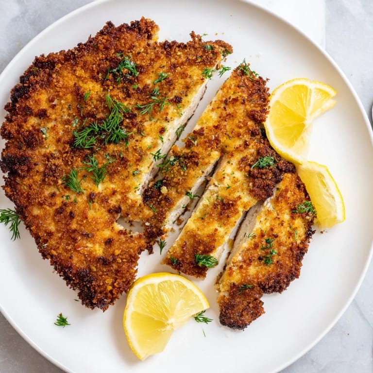 Pan-fried pickle-brined chicken cutlets with a perfectly golden crust, offering a salty, tangy taste.