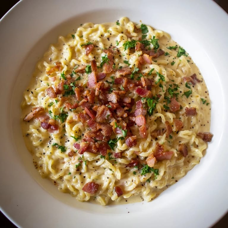 This Carbonara Ramen Fusion showcases noodles coated in rich egg and cheese sauce, a quick dinner.