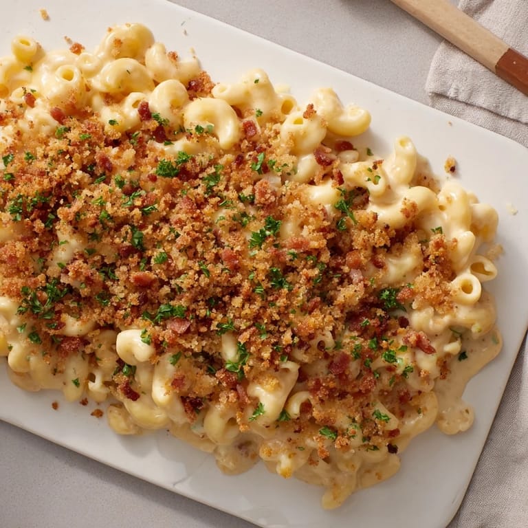 Share a satisfying bite of Sheet Pan Mac and Cheese, featuring creamy cheese, pasta, and bacon.