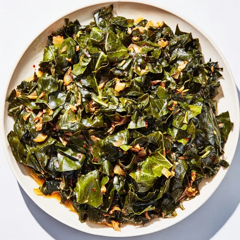 Close-up of bubbling Southern style collard greens: braised until tender with rich, smoky turkey flavors.