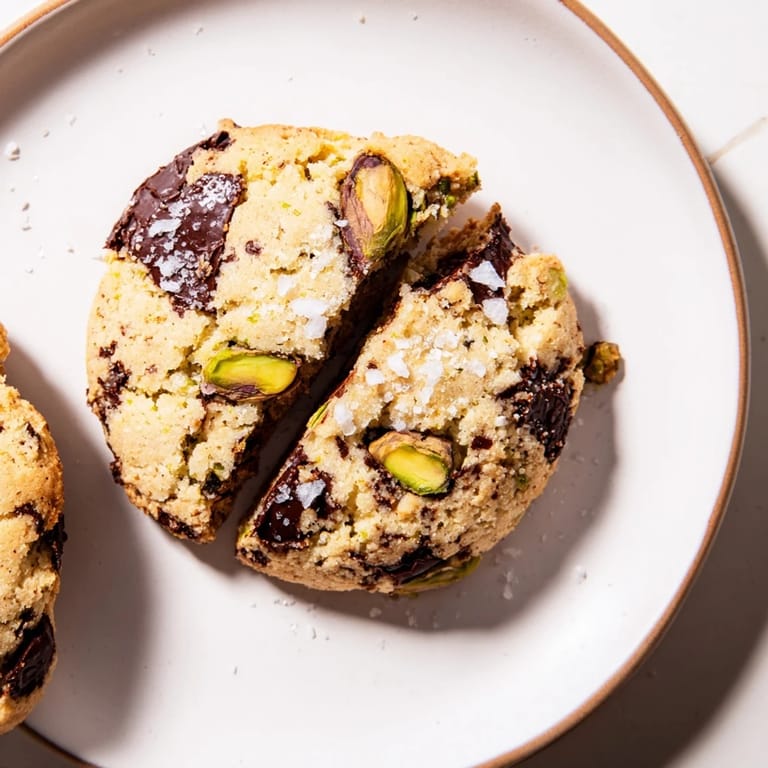 Golden, crisp Salted Pistachio Chocolate Chunk Shortbread, showcasing the texture of pistachios and dark chocolate.