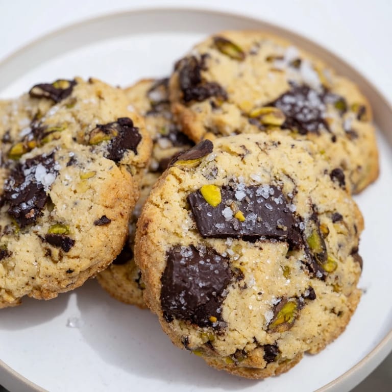 Freshly baked Salted Pistachio Chocolate Chunk Shortbread, enticing aroma, with a sprinkle of flaky sea salt on top.