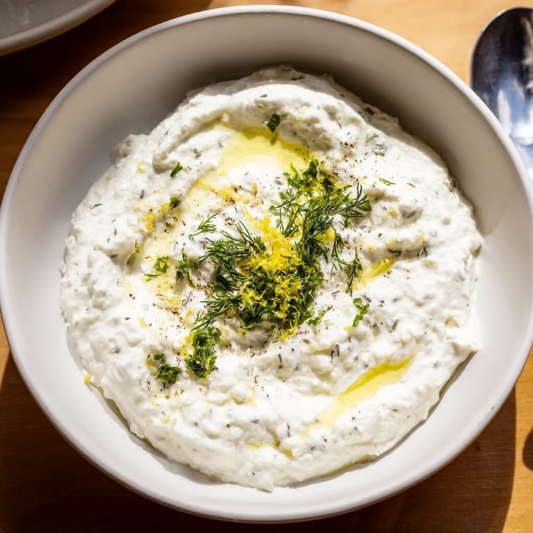 A vibrant bowl of Whipped Feta, swirled with olive oil and sprinkled with fresh herbs.
