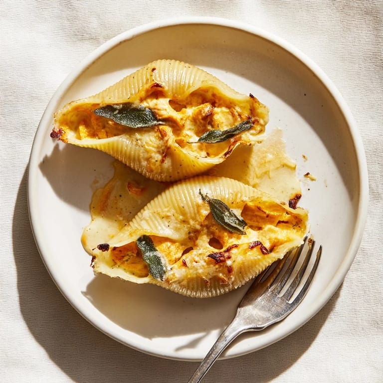 A close-up of steaming Pumpkin & Gouda Stuffed Shells, a vegetarian Italian dish for a comforting meal.