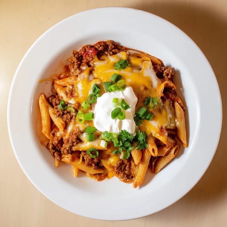 This Easy Beef Enchilada Pasta features melted cheddar atop a flavorful, one-pan family meal.