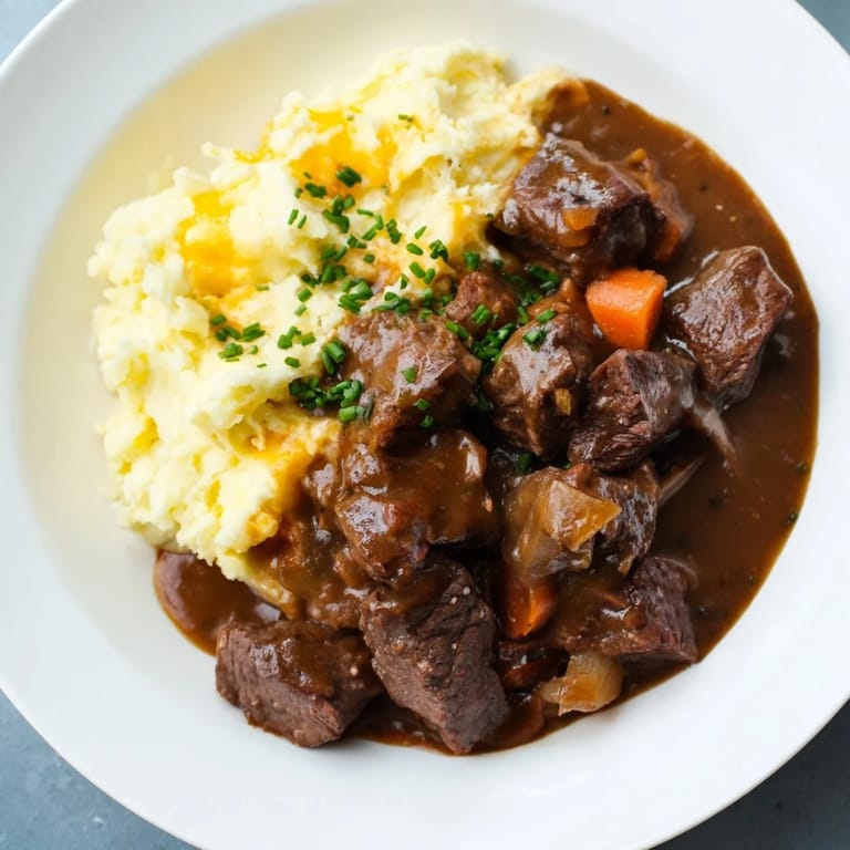 Hearty fall apple cider stew with fork-tender beef and a side of creamy mashed potatoes.