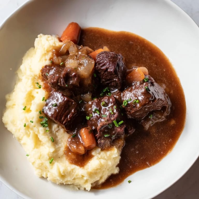 A close-up view of the delicious apple cider stew, ready with fresh chives to serve.